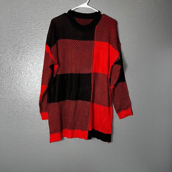 Women’s XXL Red Black Colorblock Knit Sweater Long Sleeve Cozy Pullover - Picture 1 of 9